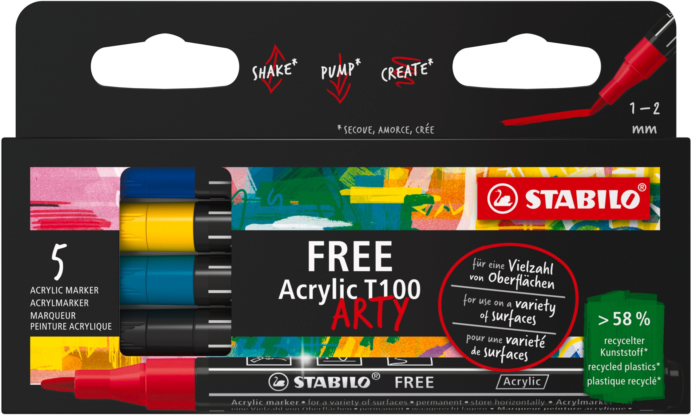 STABILO FREE Acrylic T100 1 – 2 mm, Royal – balenie 5 farieb