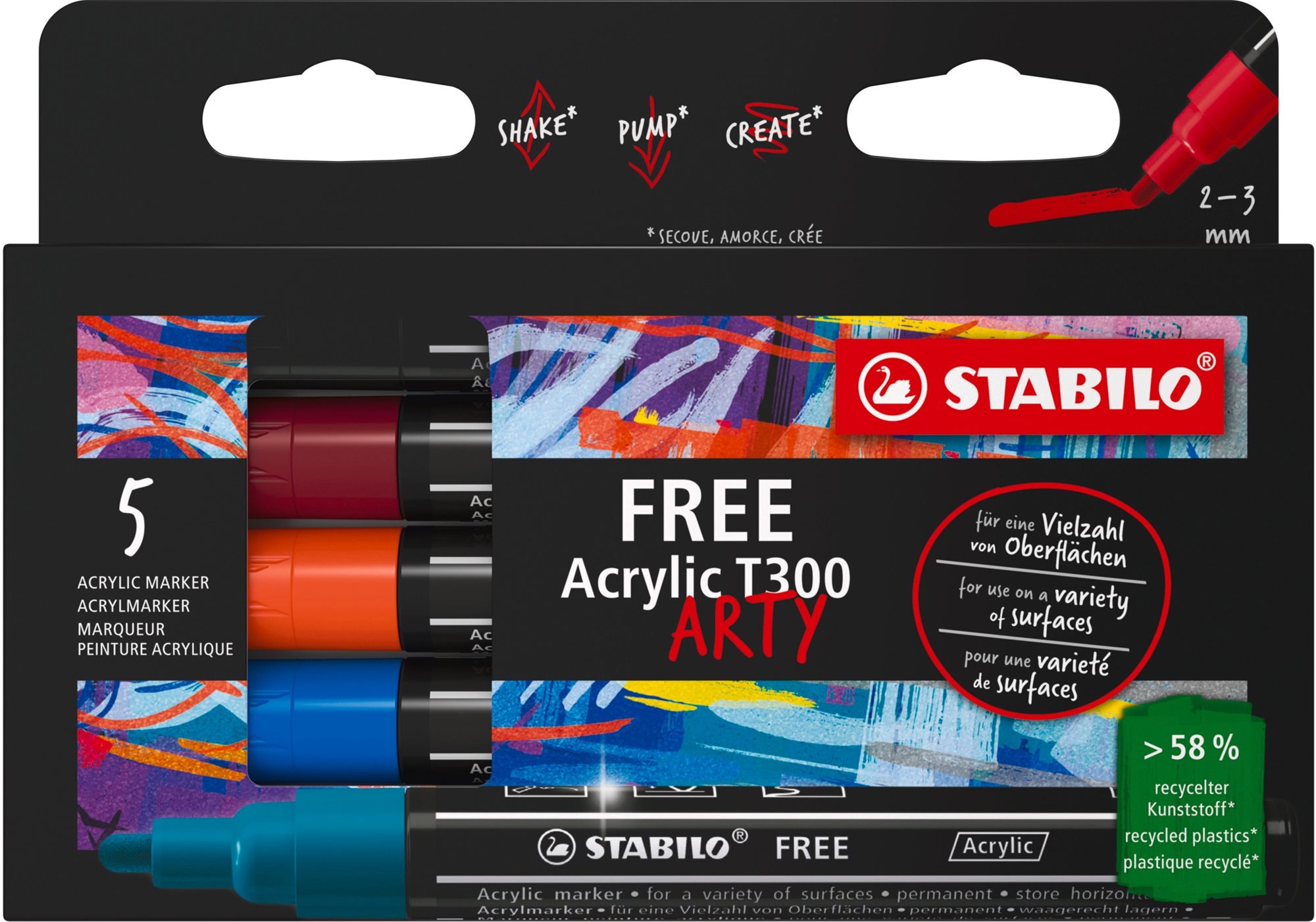STABILO FREE Acrylic T300 2 – 3 mm, Urban – balenie 5 farieb