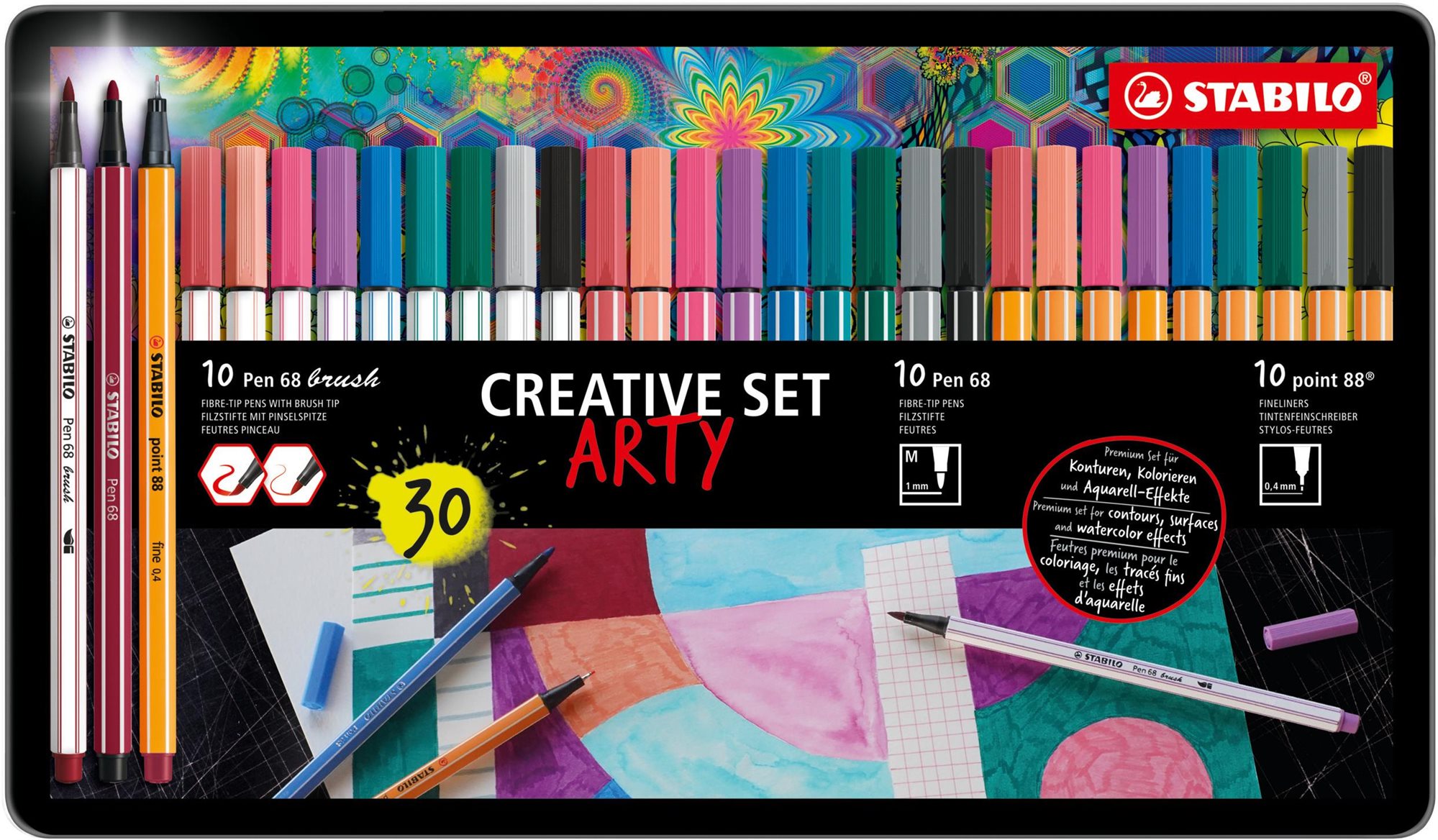 STABILO Pen 68 brush, Pen 68 & point 88 – ARTY – 30 ks súprava v plechu – 10 ks Pen 68 brush, 10 ks Pen