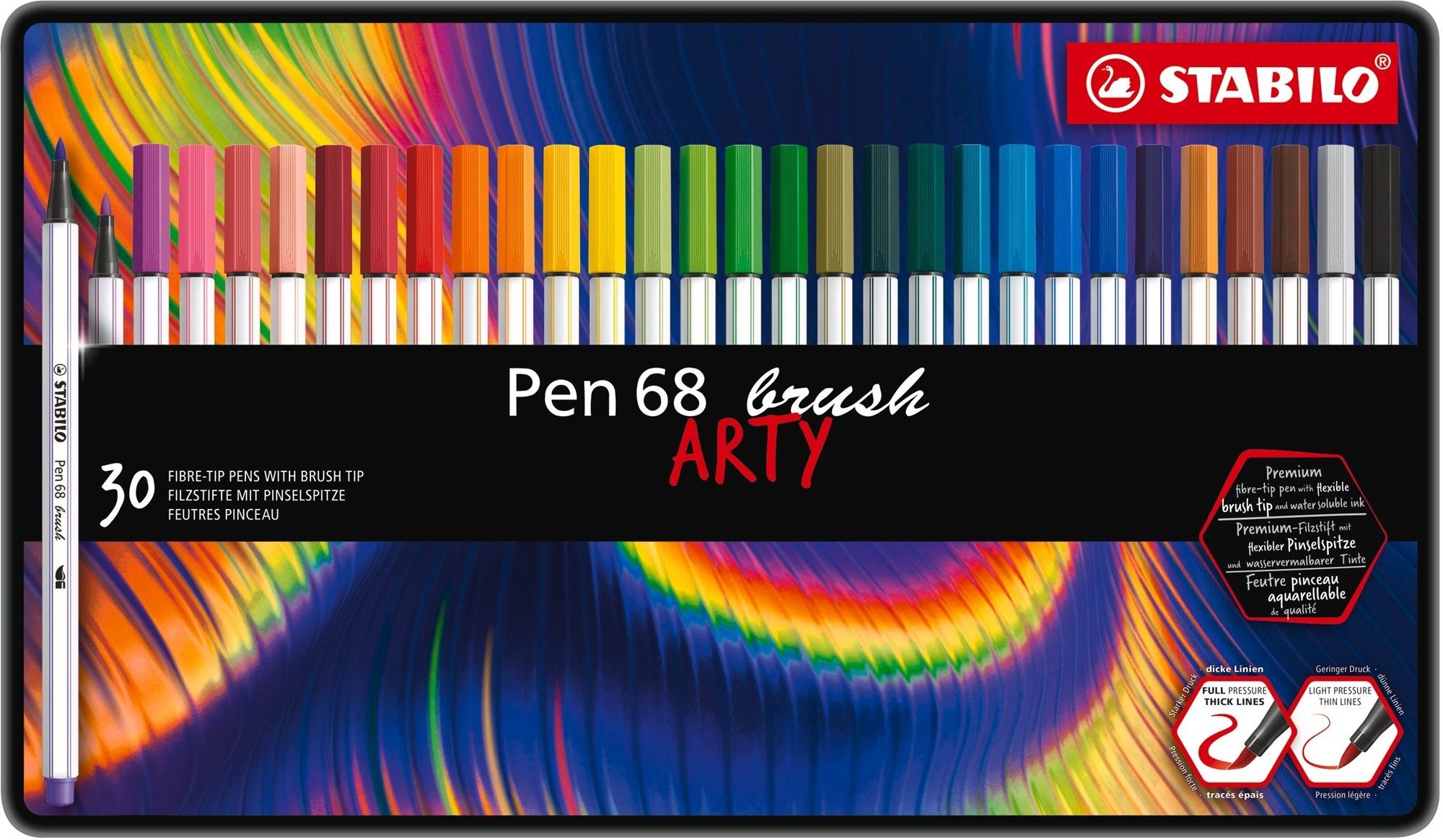 STABILO Pen 68 brush s flexibilným štetcovým hrotom, kovové puzdro 30 farieb