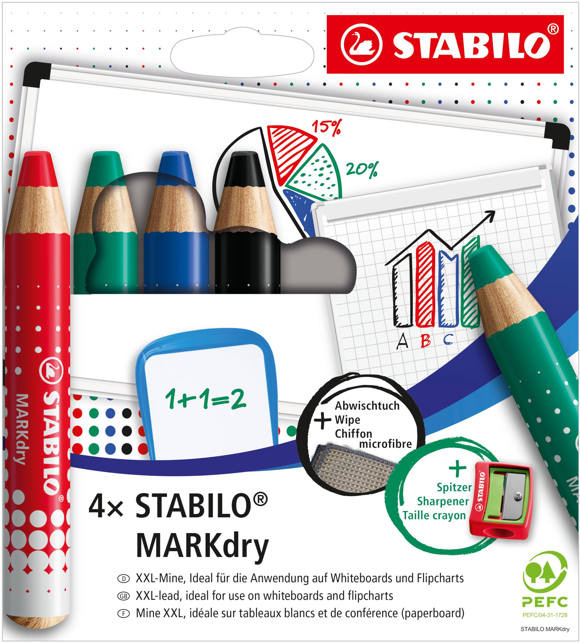STABILO MARKdry – 4 ks súprava so strúhadlom a handričkou – 4-rôzne farby