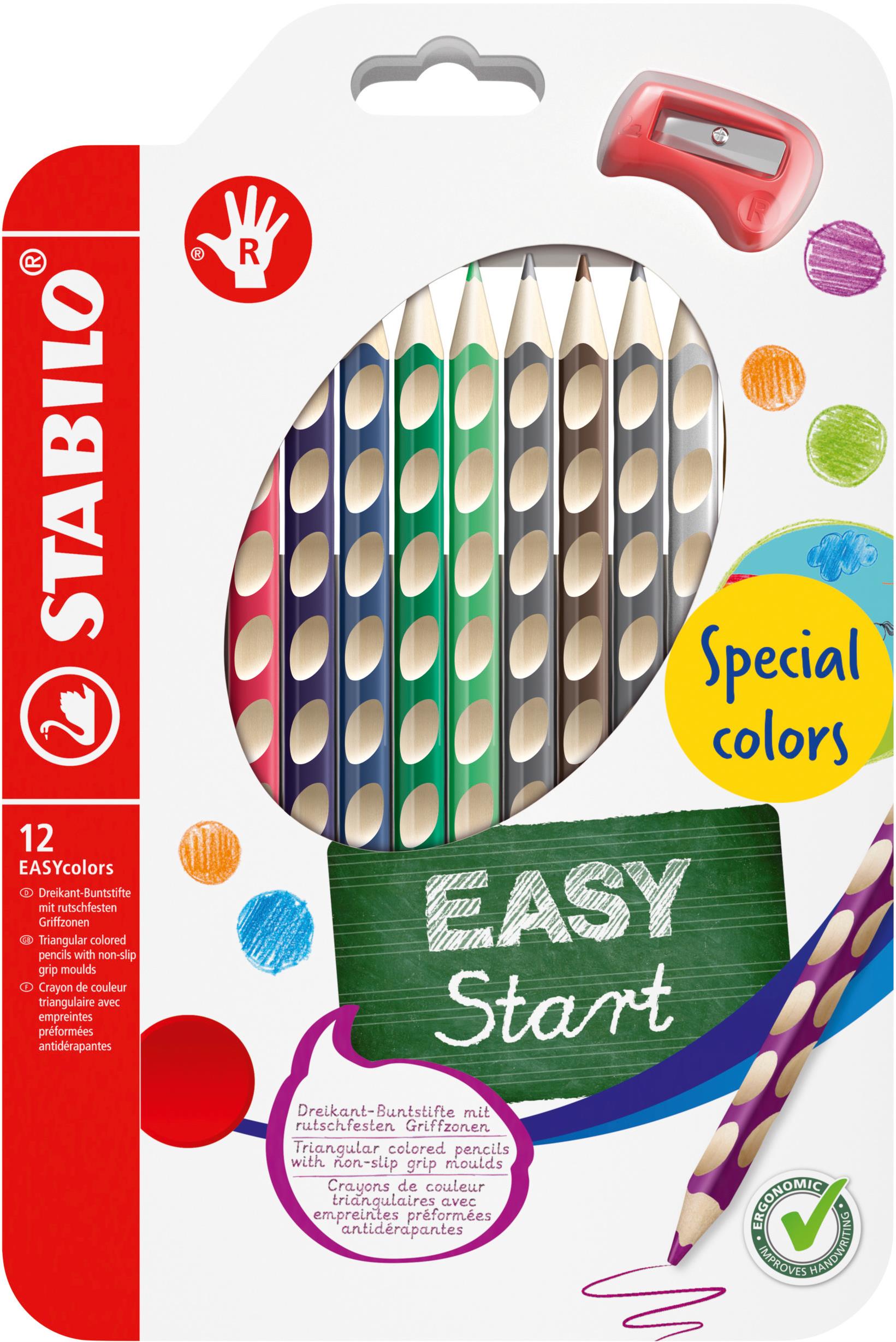 STABILO EASYcolors pre pravákov, špeciálne farby – súprava 12 farieb so strúhadlom