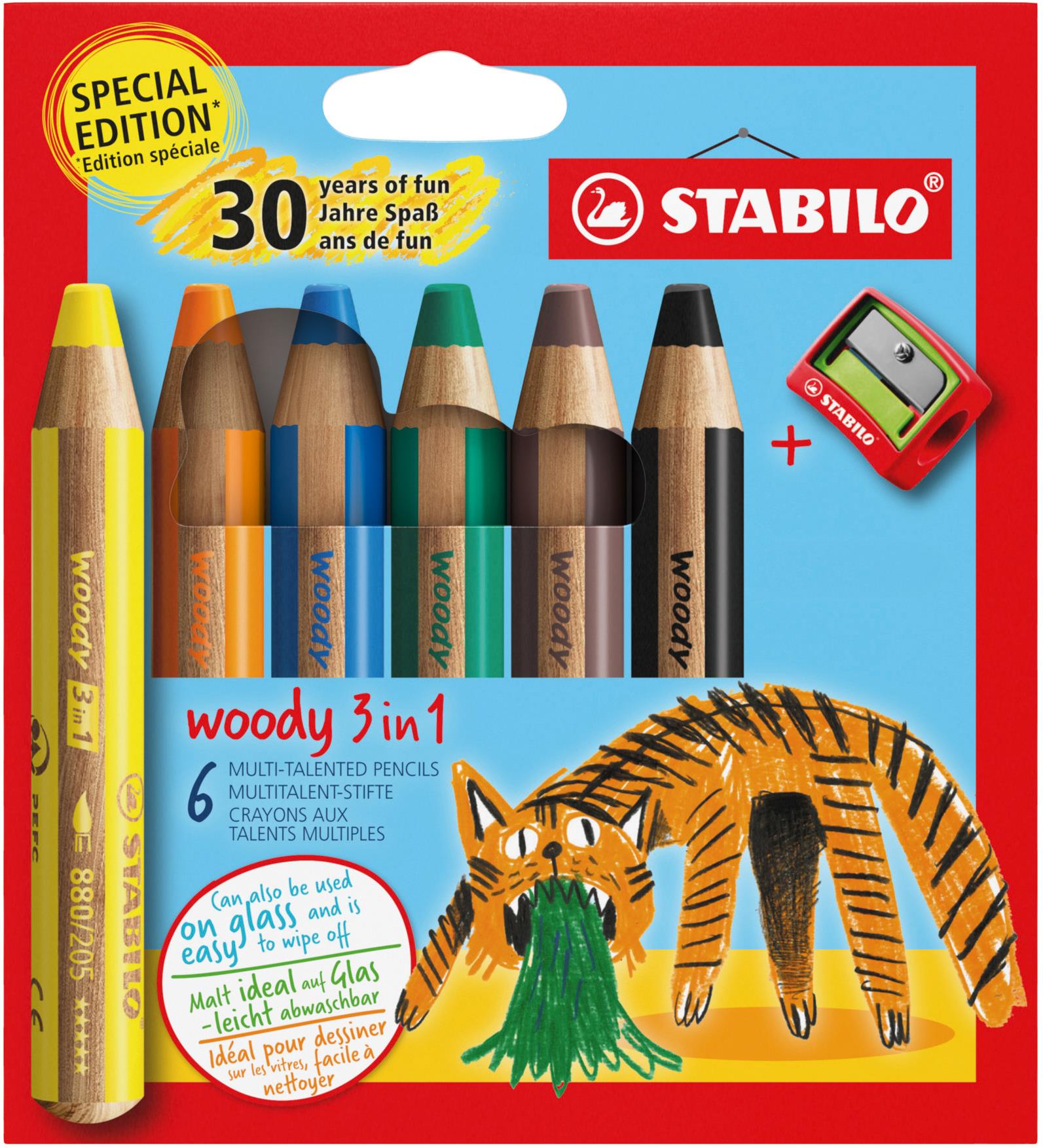 STABILO woody 3 in 1 Anniversary Edition Tygr – 6 ks so strúhadlom