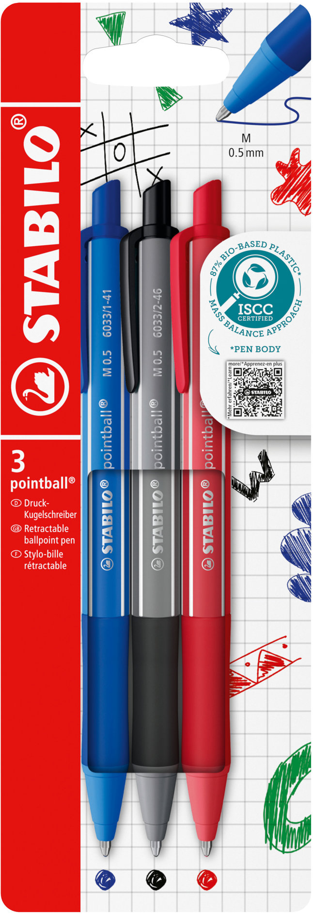 STABILO pointball colorful, modré, čierne a červené – súprava 3 ks