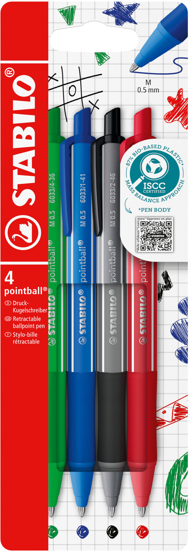 STABILO pointball colorful, modré, čierne, červené a zelené – súprava 4 ks