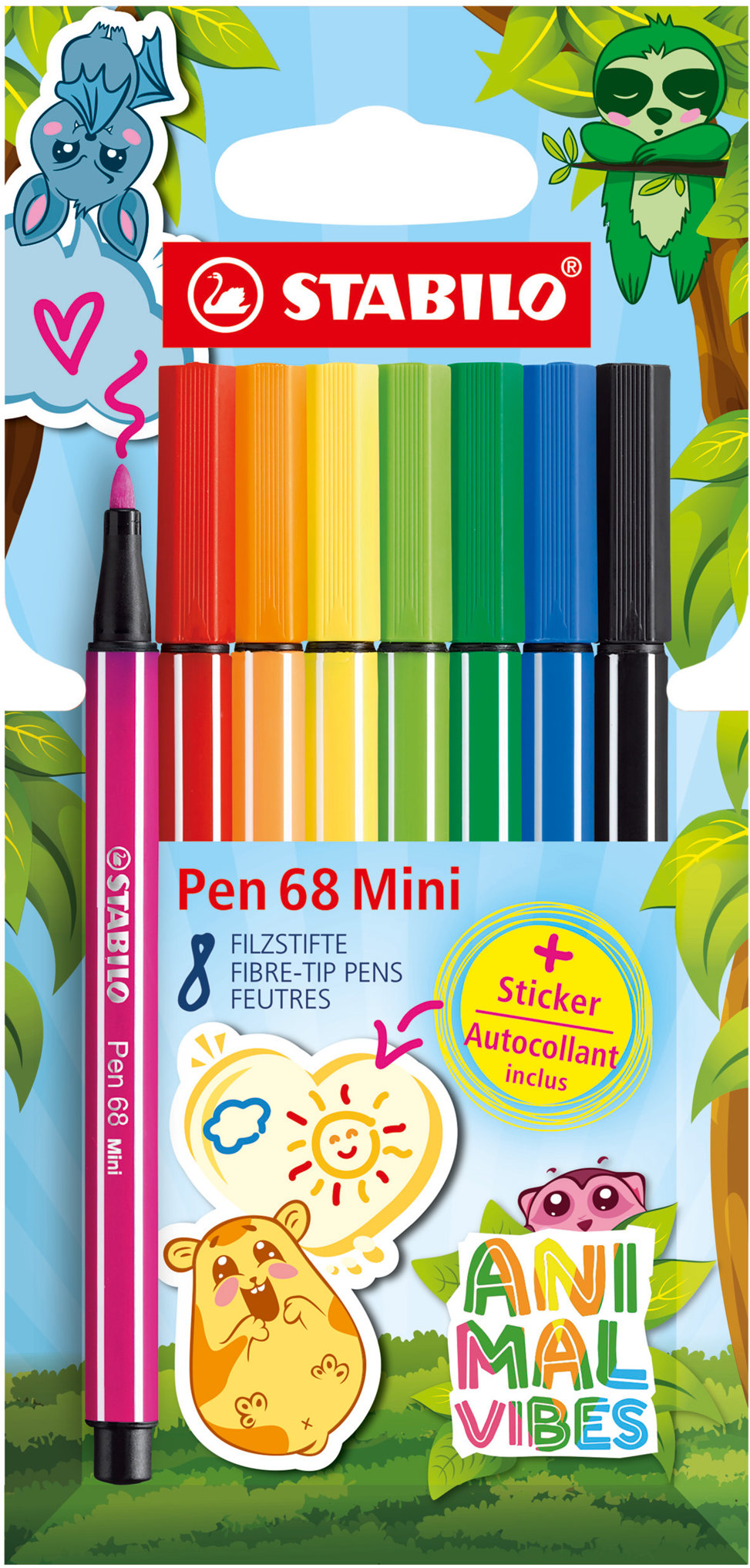 STABILO Pen 68 Mini Animal Vibes so samolepkami – sada 8 ks