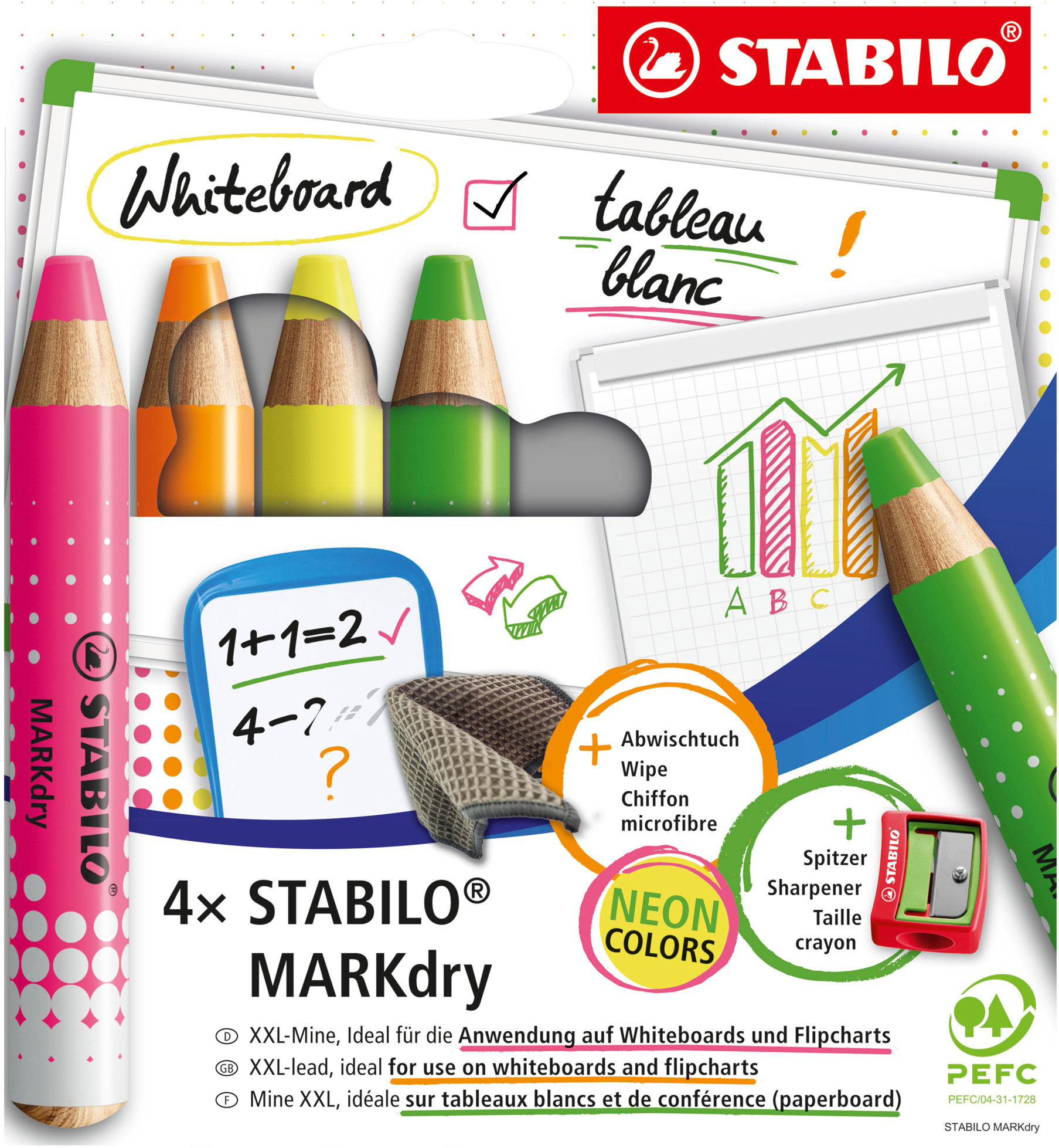 STABILO MARKdry Neón suché, na tabuľu a flipchart, neónové farby – sada 4 ks so strúhadlom a handričkou