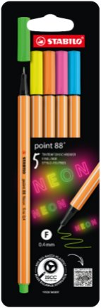 STABILO point 88, neónové farby – sada 5 ks