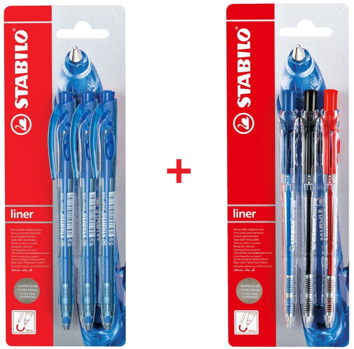 STABILO liner, 3× modré + modré, červené, čierne