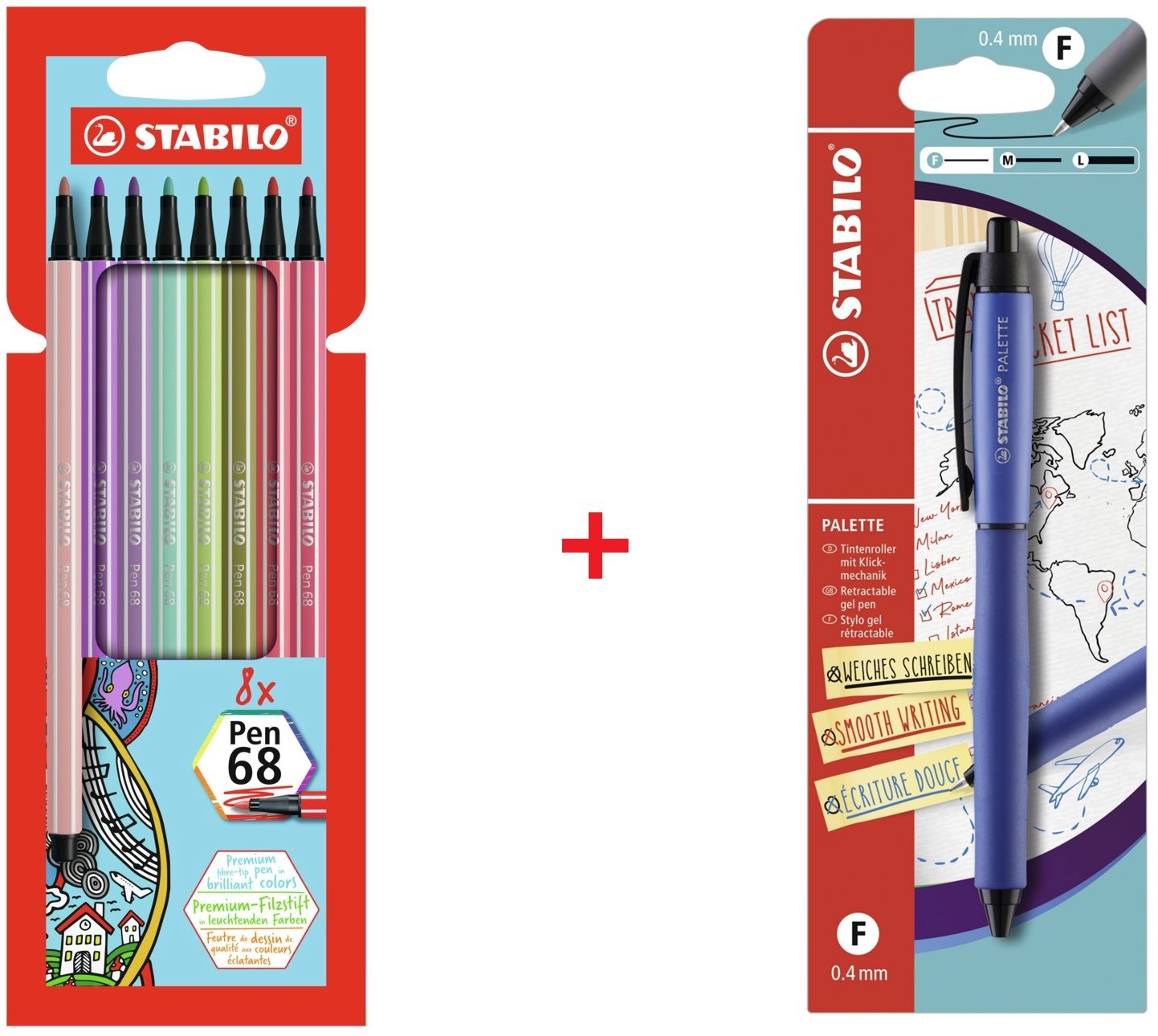 STABILO gélové pero PALETTE s hrotom F (0,4 mm), modré + fixky Pen 68, 8 ks