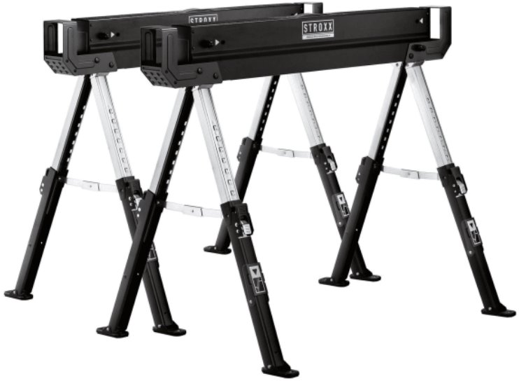 STROXX Kovové pracovné kozy, výškovo nastaviteľná na 62 – 82 cm, nosnosť 580 kg, sada 2 ks