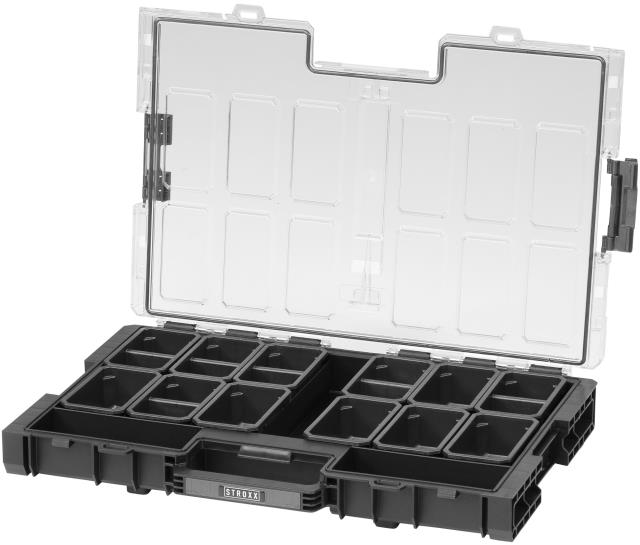 STROXX Úložný box L s priehľadným vekom 531 × 379 × 77 mm, 12 multifunkčných priehradiek