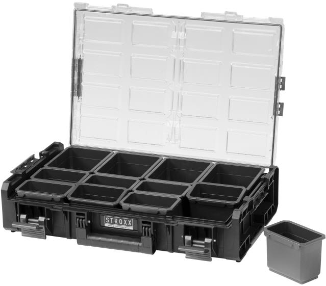STROXX Úložný box XL s priehľadným vekom 582 × 387 × 131 mm, 12 multifunčných priehradok