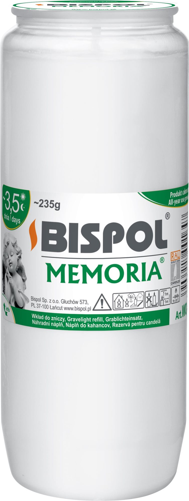 BISPOL náhrobná sviečka Memoria biela 84 h