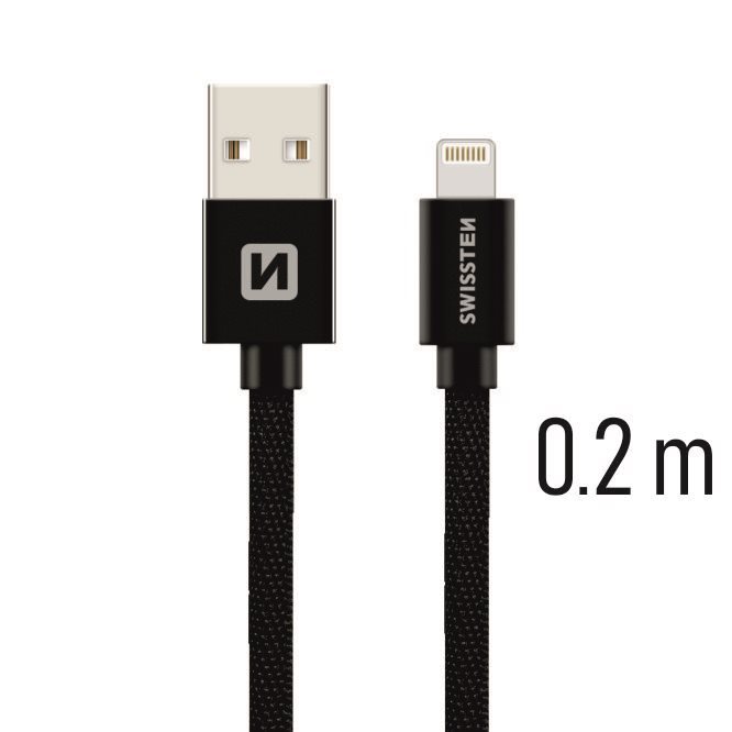 Swissten textilný dátový kábel lightning 0,2 m čierny