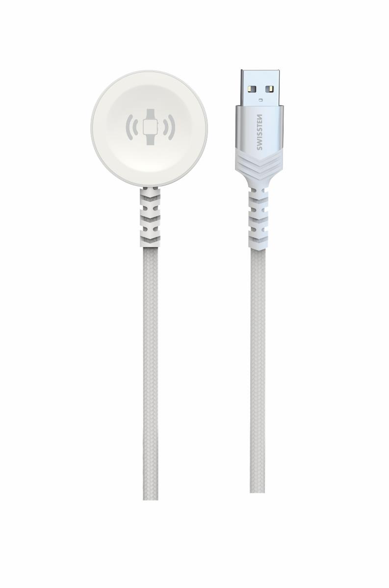 Swissten opletený magnetický kábel pre Apple Watch kovový, USB-A 1,2 m biely