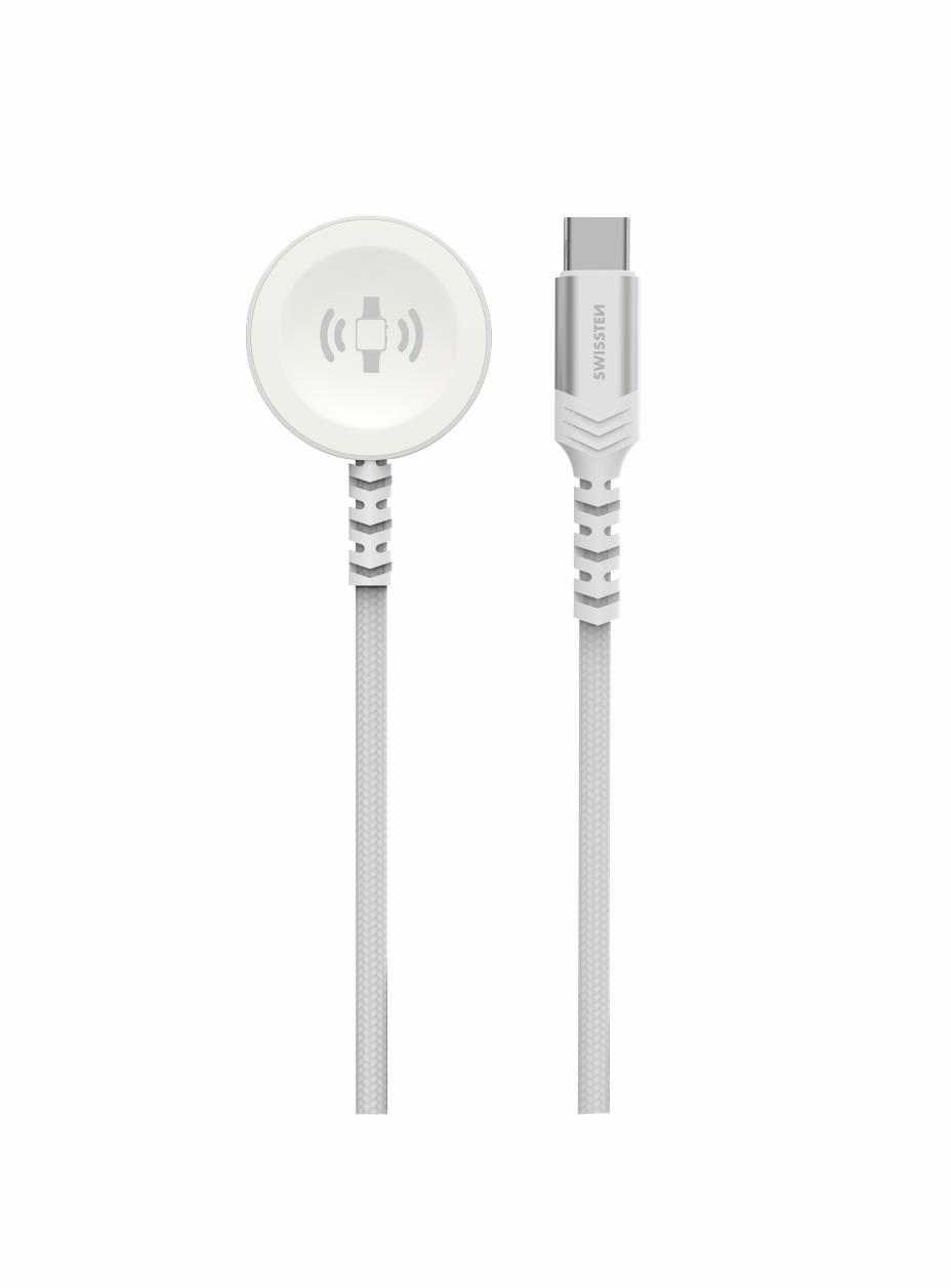 Swissten opletený magnetický kábel pre Apple Watch kovový, USB-C 1,2 m biely