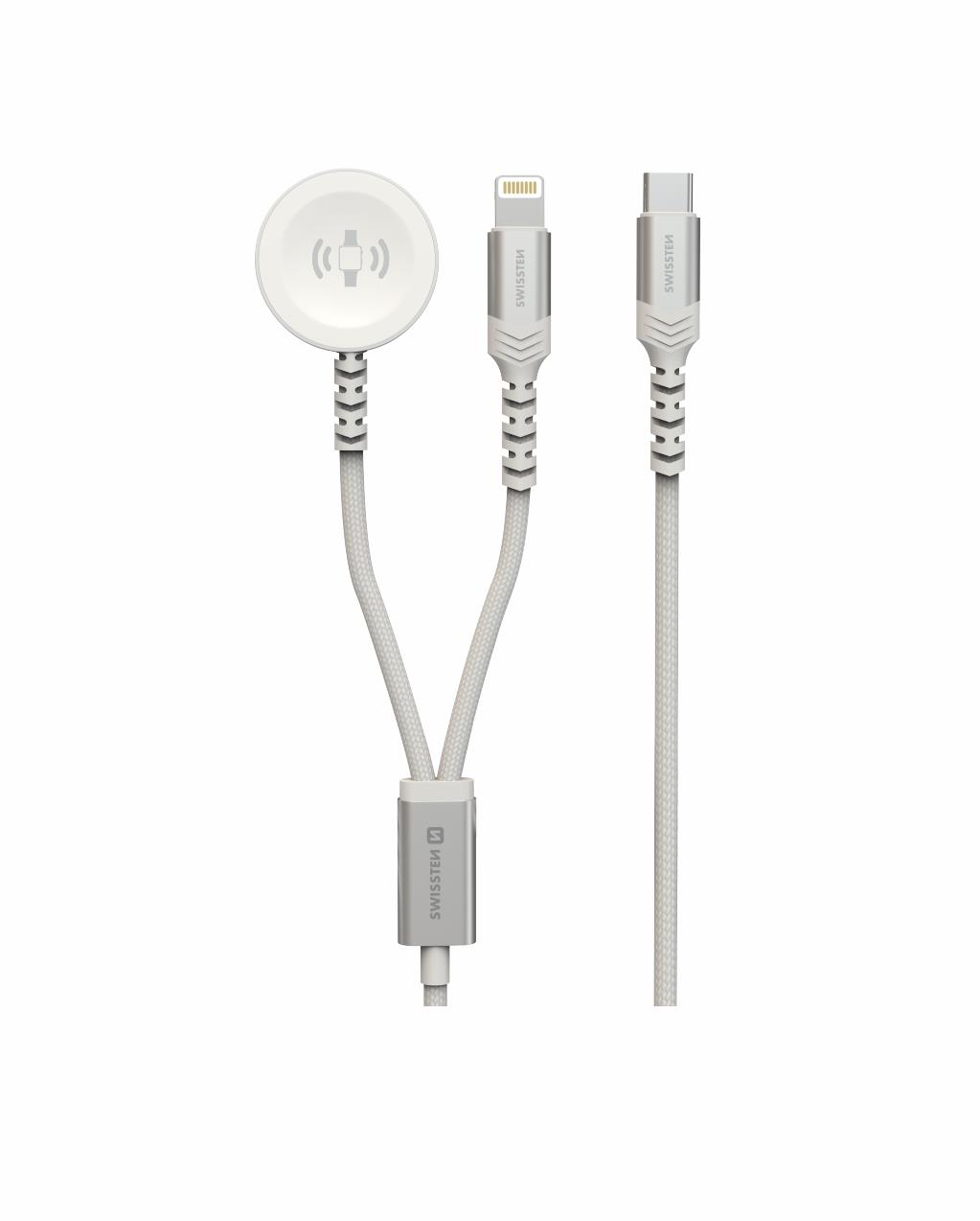 Swissten opletený magnetický kábel 2 v 1 pre Apple Watch a Lightning, USB-C 1,2 m biely