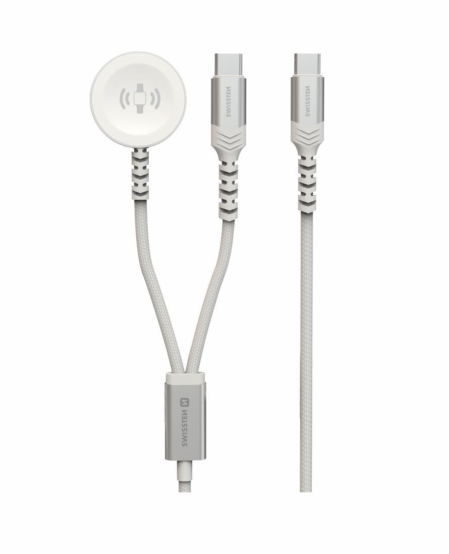 Swissten opletený magnetický kábel 2 v 1 pre Apple Watch a USB-C, USB-C 1,2 m biely