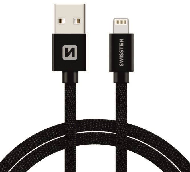 Swissten textilný dátový kábel lightning 2 m čierny