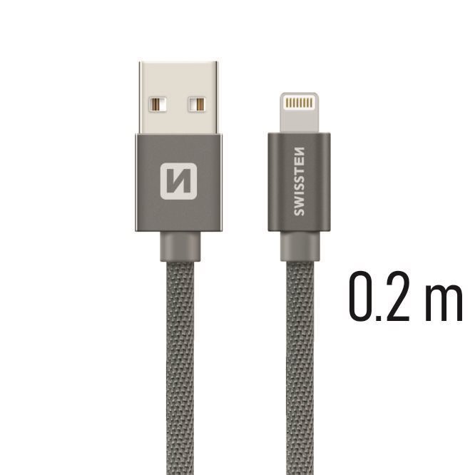 Swissten textilný dátový kábel lightning 0,2 m sivý