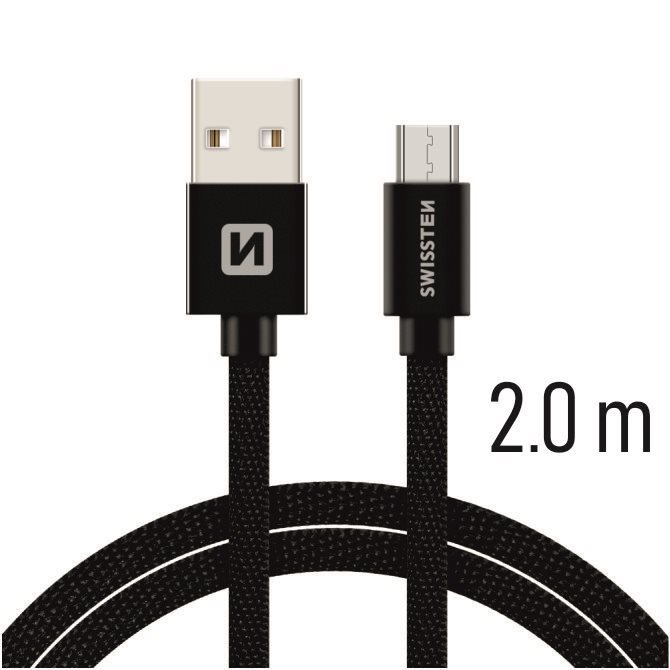 Swissten textilný dátový kábel micro USB 2 m čierny