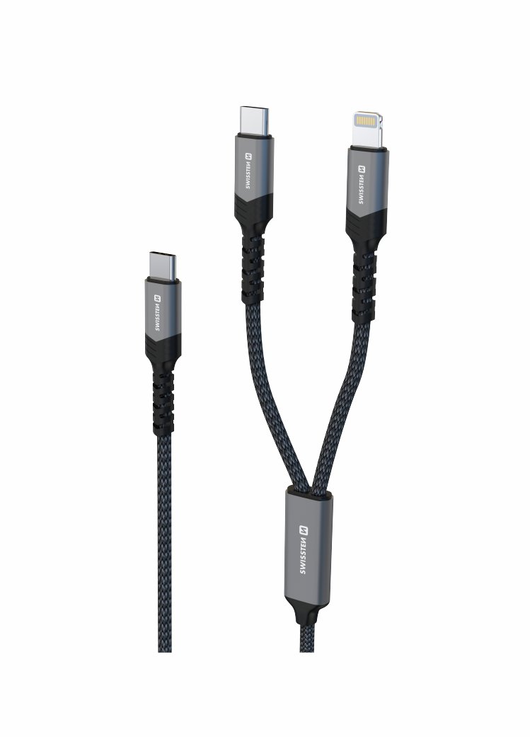 Swissten nabíjací kábel 2 v 1 USB-C/USB-C + Lightning 100W 1,5 m čierny