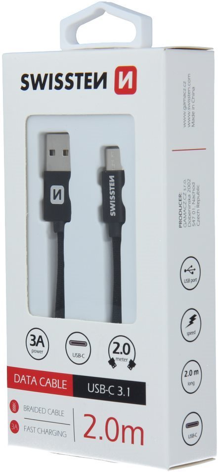 Swissten textilný dátový kábel USB-C 2 m čierny