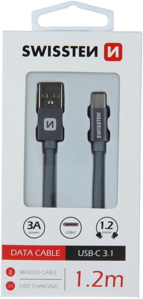 Swissten textilný dátový kábel USB/USB-C 1,2 m sivý