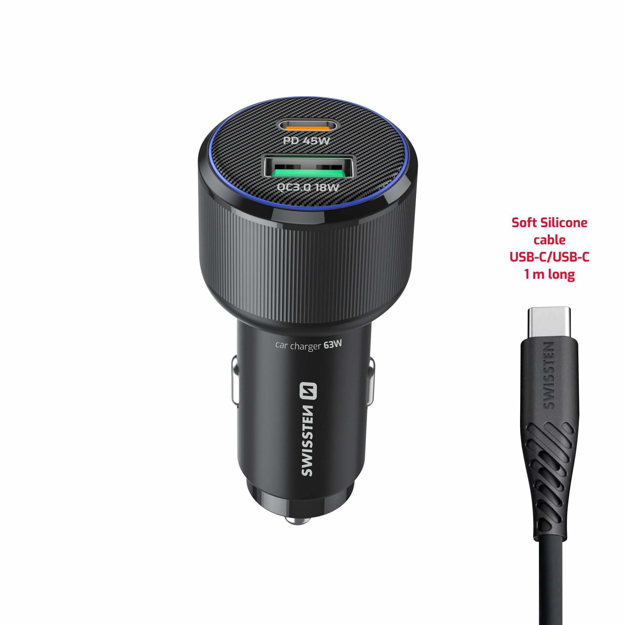 Swissten CL Adaptér USB-C PD + USB-A 63 W čierny + kábel USB-C/USB-C 1 m