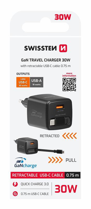 Swissten SlideCharge GaN 30 W, Čierna
