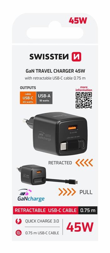 Swissten SlideCharge GaN 45 W, Čierna
