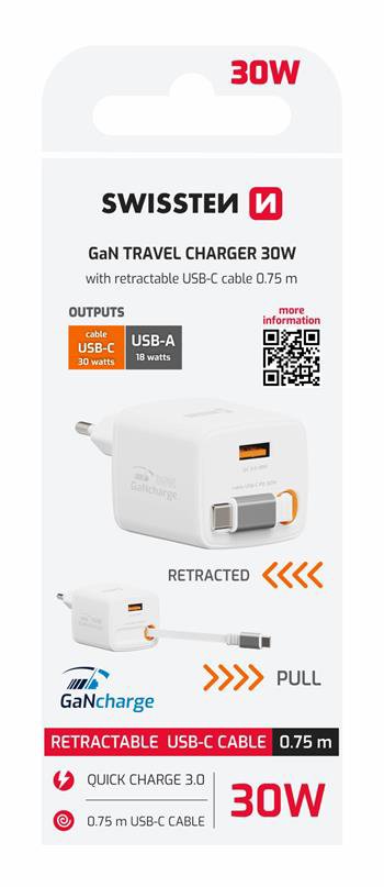 Swissten SlideCharge GaN 30 W, Biela