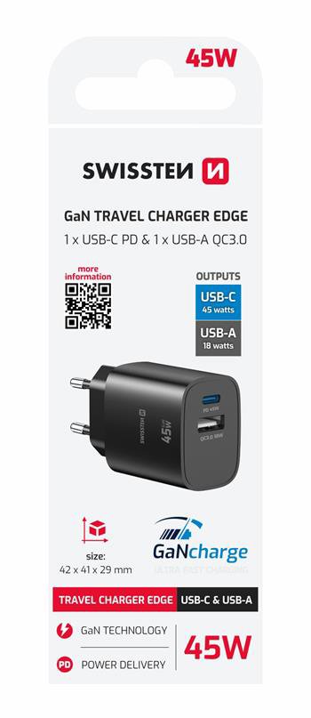 Swissten Edge GaN 1× USB-C PD 45 W + 1× USB-A 18 W QC Čierny