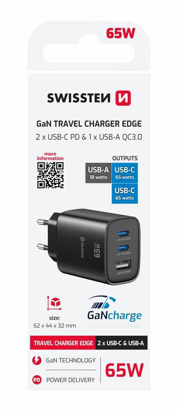Swissten Edge GaN 2× USB-C PD 65 W + 1× USB-A 18 W QC Čierny