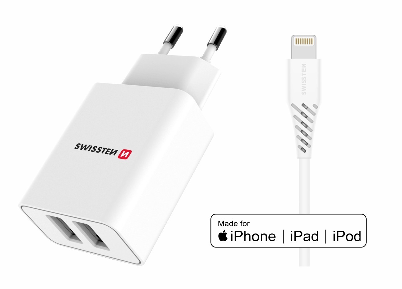 Swissten sieťový adaptér SMART IC 2.1A + kábel lightning MFi 1,2 m biely