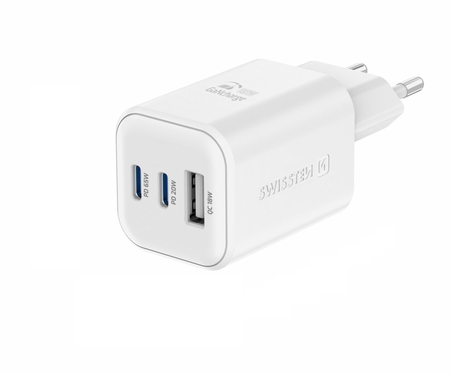 Swissten sieťový adaptér GaN 2× USB-C 65 W PD + 1× USB-A 18 W QC biely