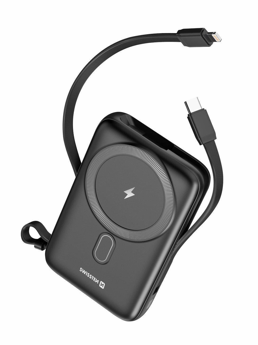 Swissten Power Bank 10000 mAh PD 20W s integrovanými káblami USB-C a Lightning, MagSafe