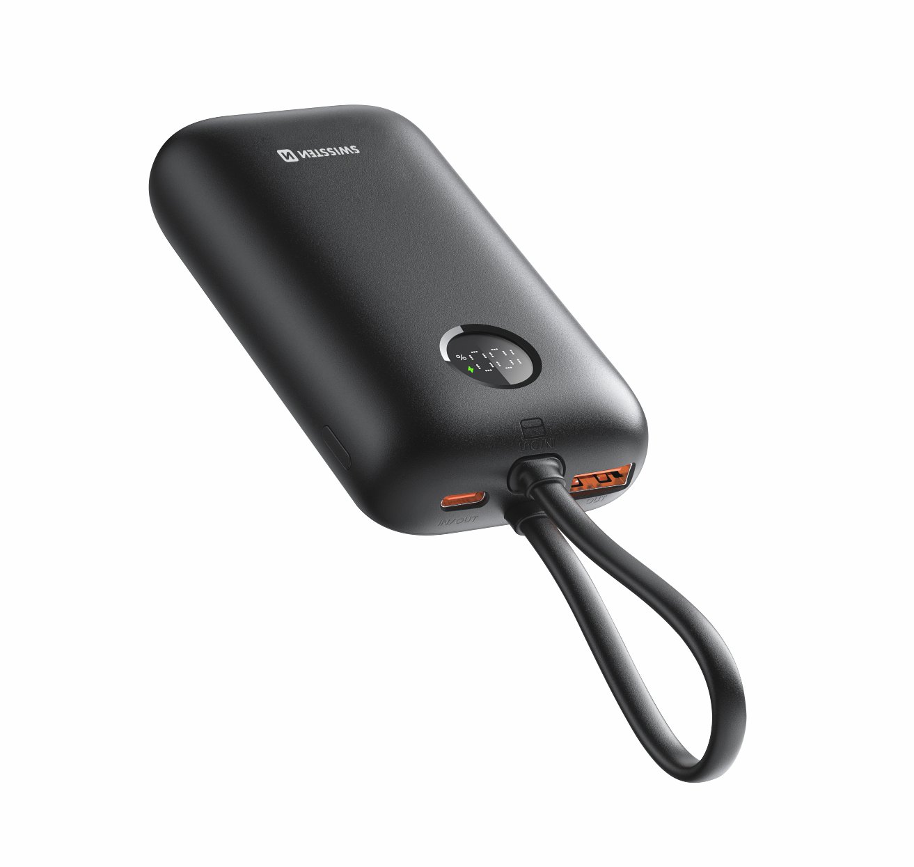 Swissten Voltbox 35W 10000 mAh s integrovanými káblami USB-C a Lightning čierna