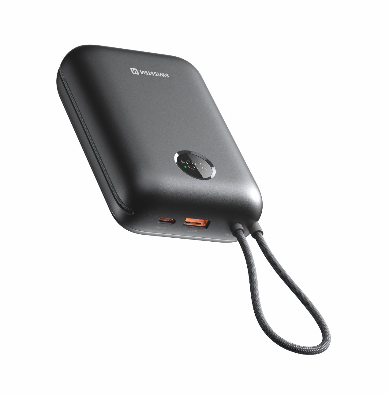 Swissten Voltbox 35W 30000 mAh s integrovanými káblami USB-C a Lightning čierna