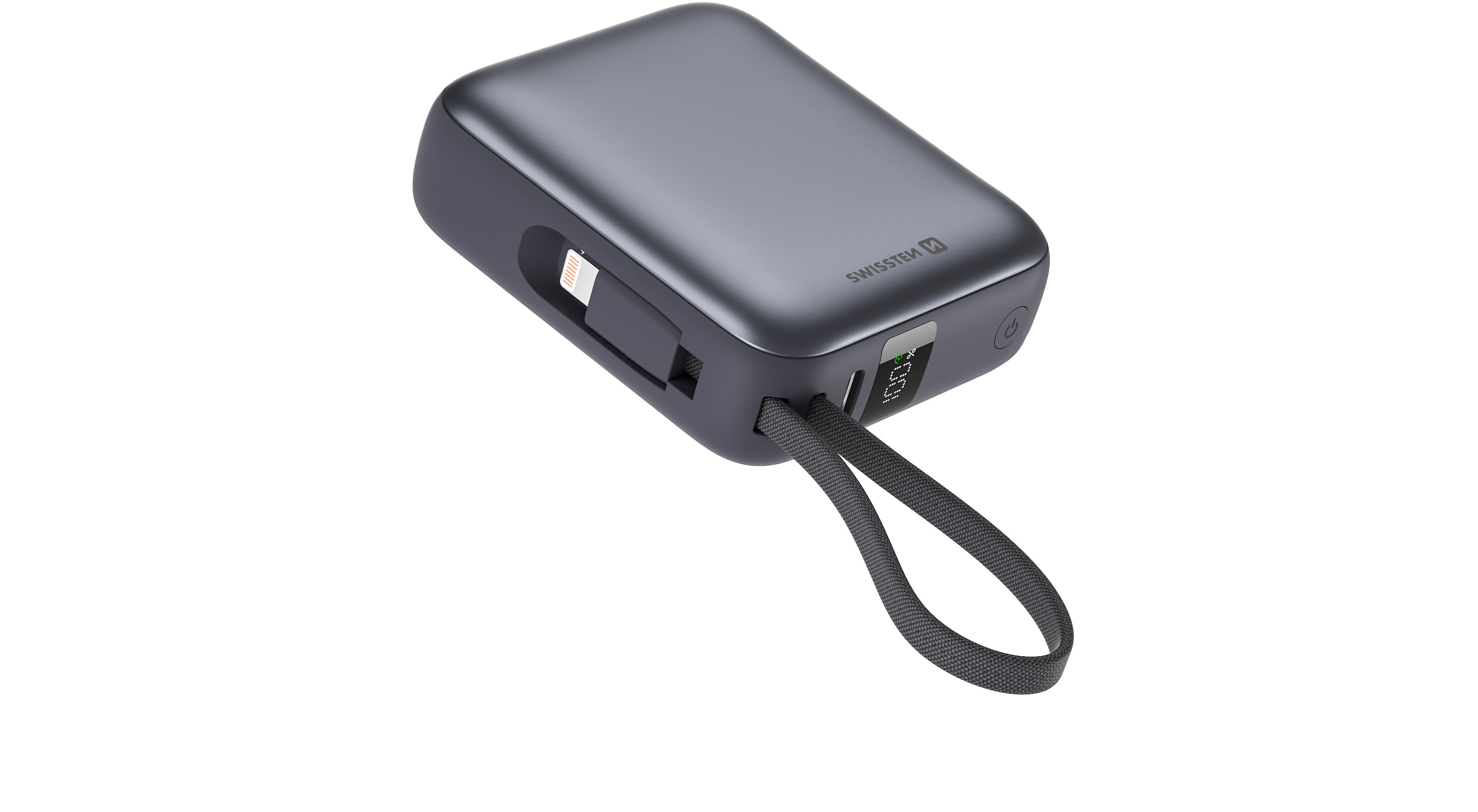 Swissten 10000 mAh s integrovanými káblami USB-C a Lightning vesmírne strieborná