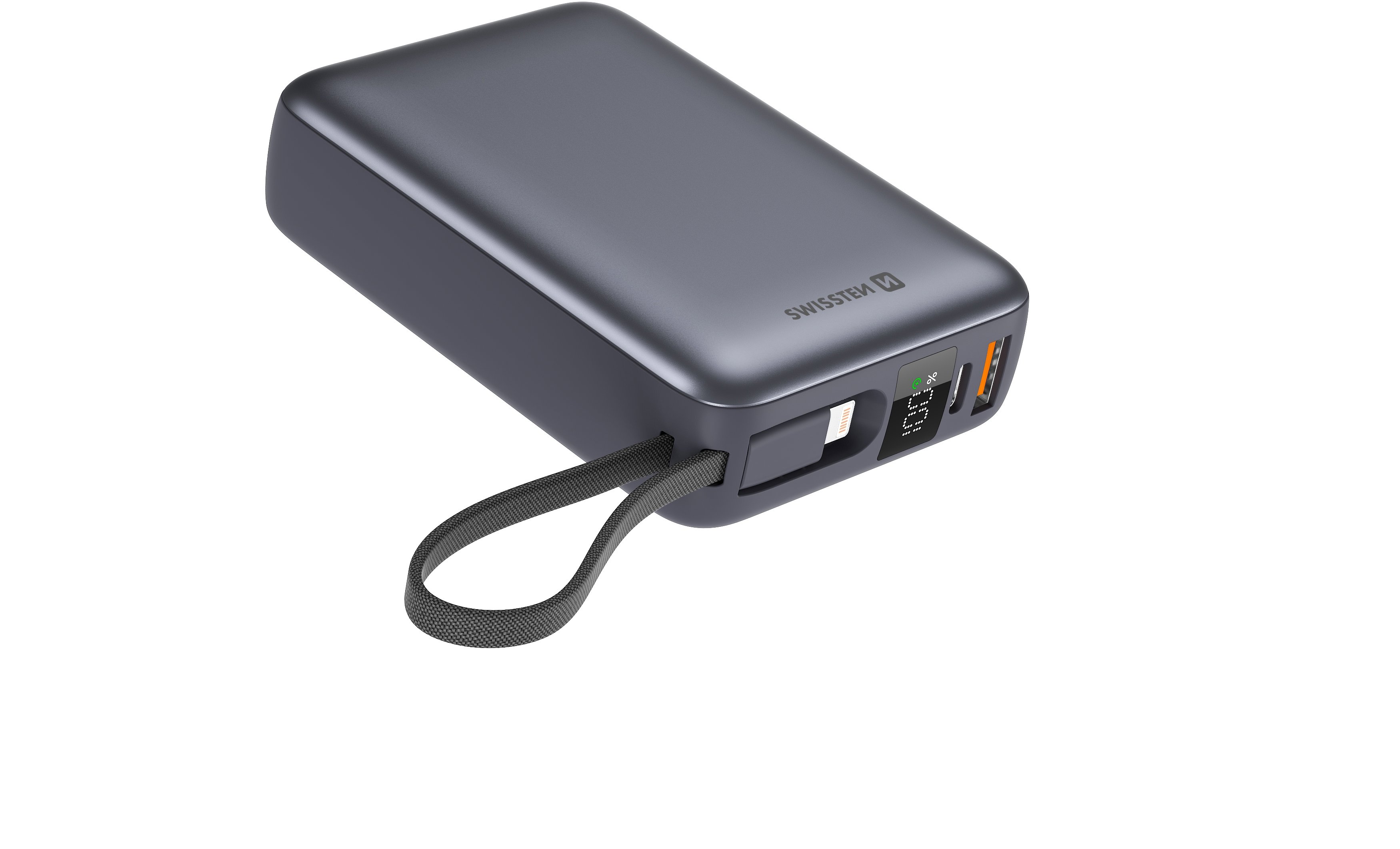 Swissten 20000 mAh s integrovanými káblami USB-C a Lightning vesmírne strieborná