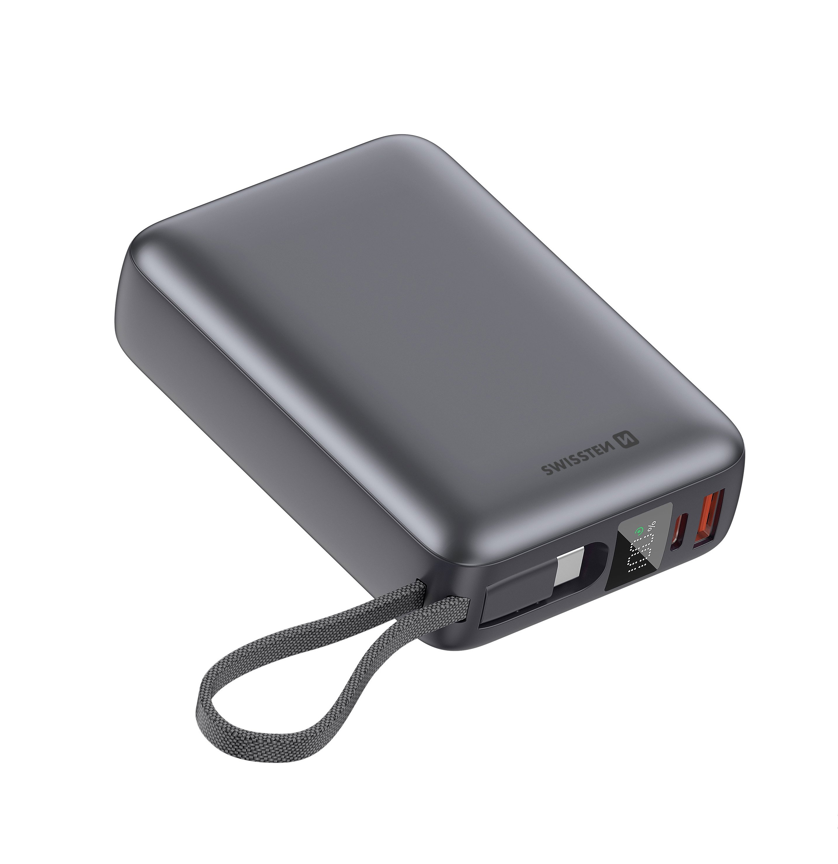 Swissten 20000 mAh 45W s integrovaným káblom USB-C vesmírne strieborná