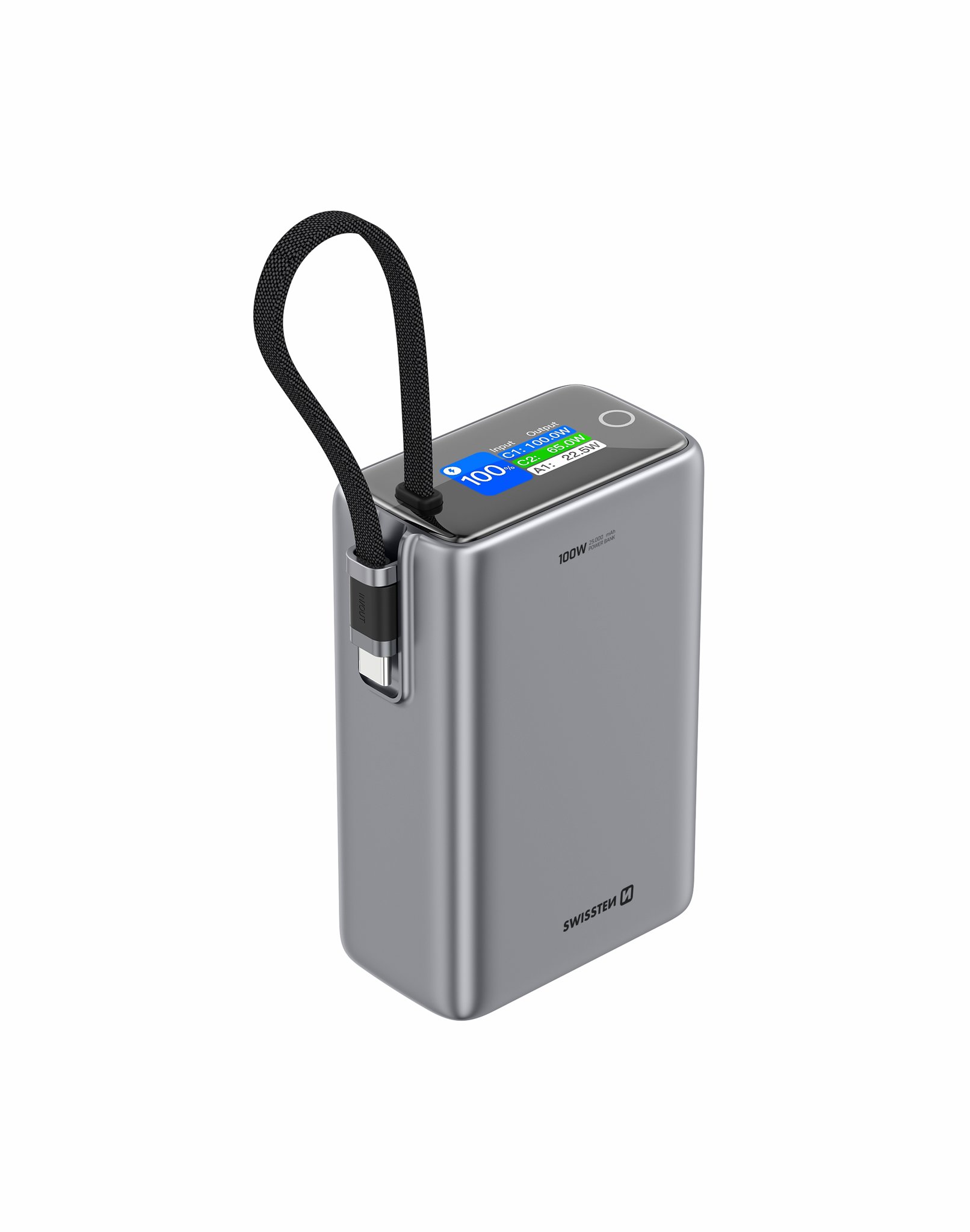 Swissten 25000 mAh cestovný s integrovaným káblom sivý