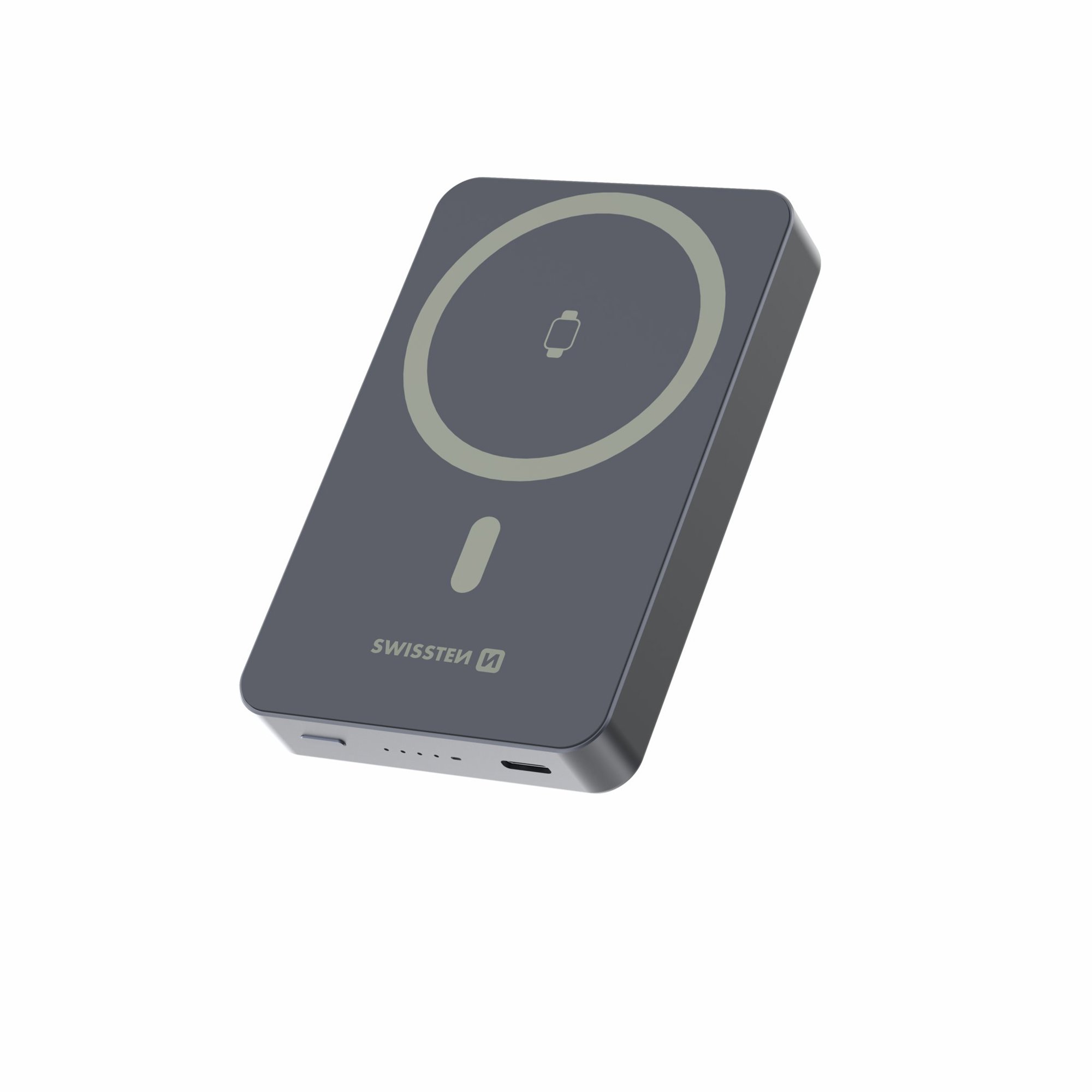 Swissten Power Bank Fusion 10000 mAh s nabíjaním Apple Watch (kompatibilný s MagSafe) Strieborný