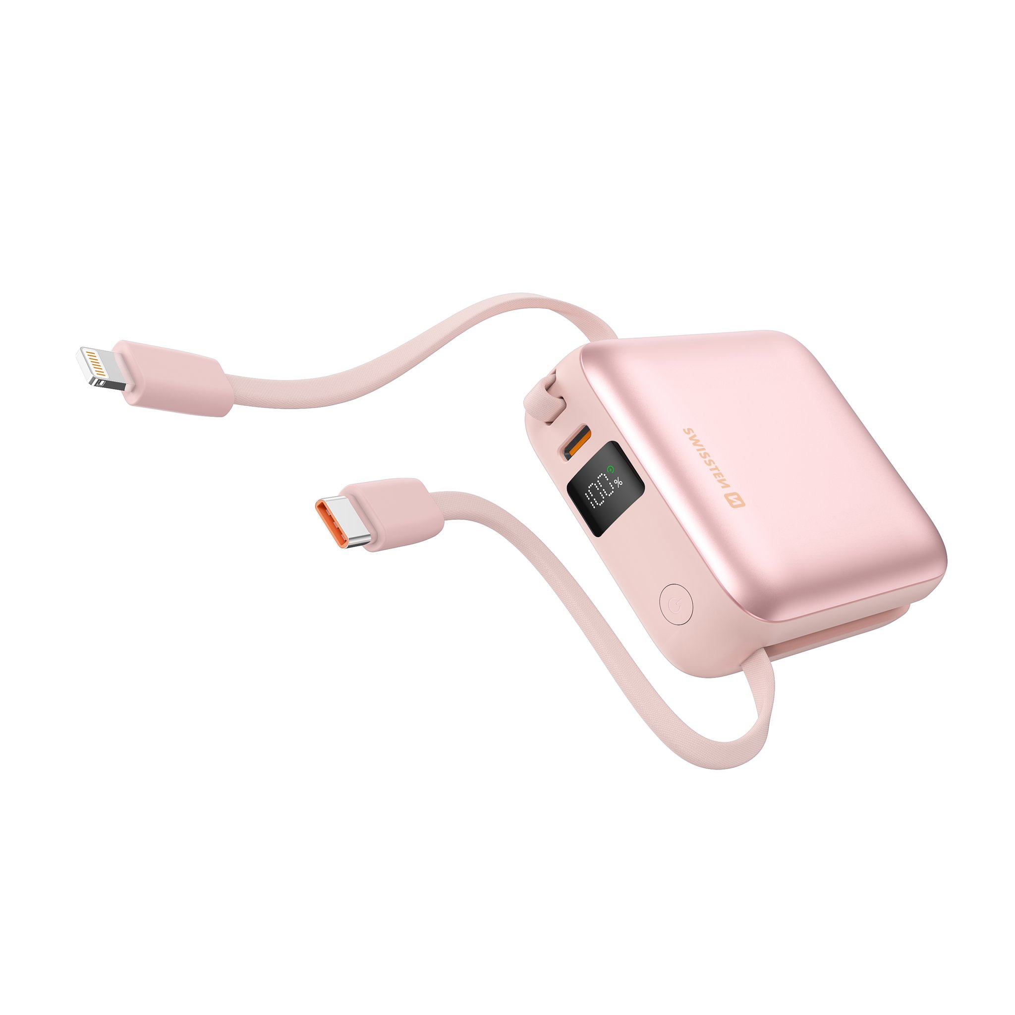 Swissten Power Bank Space 10000 mAh s integrovanými káblami USB-C a Lightning Ružový