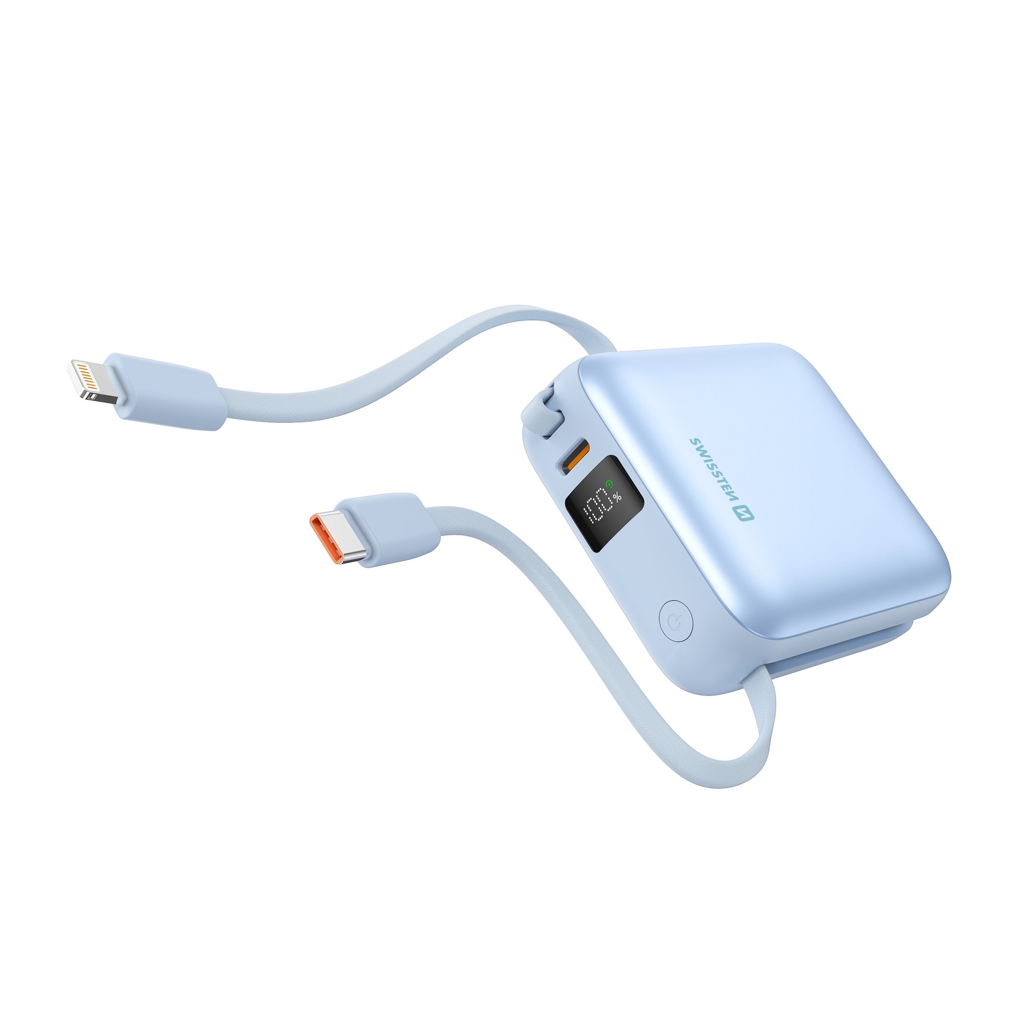 Swissten Power Bank Space 10000 mAh s integrovanými káblami USB-C a Lightning Modrý