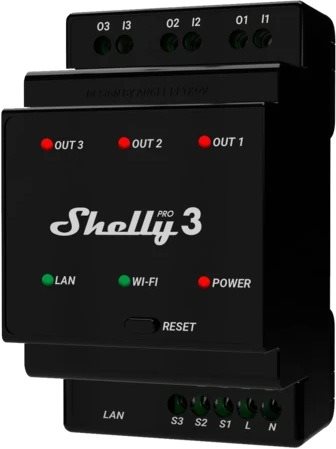 Shelly Pro 3, spínací modul 3× 16 A na DIN lištu, WiFi, LAN