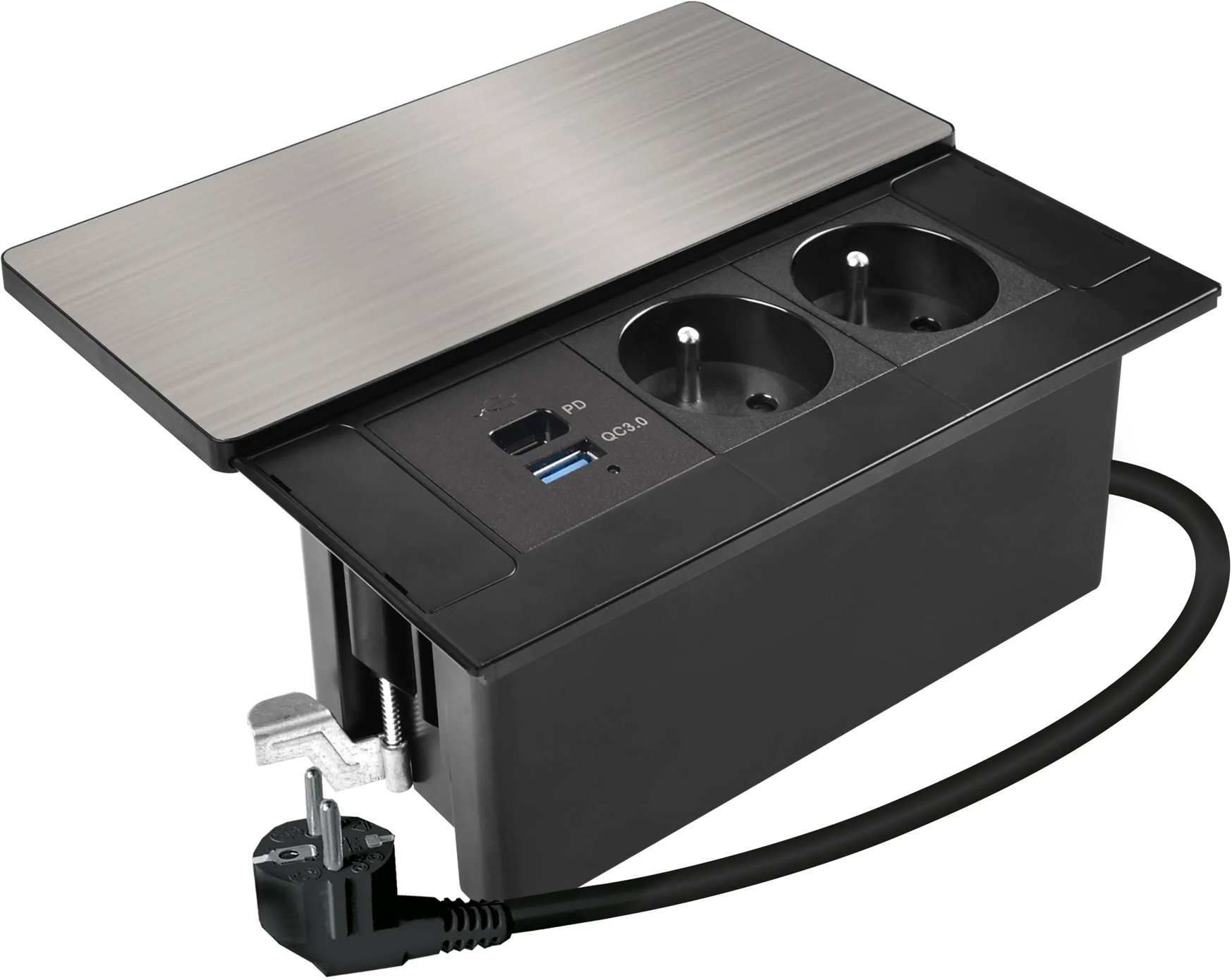 Solight vstavaný blok zásuviek s posuvným krytom, 2 zásuvky, USB A + C 65W PD, 2 m, strieborný