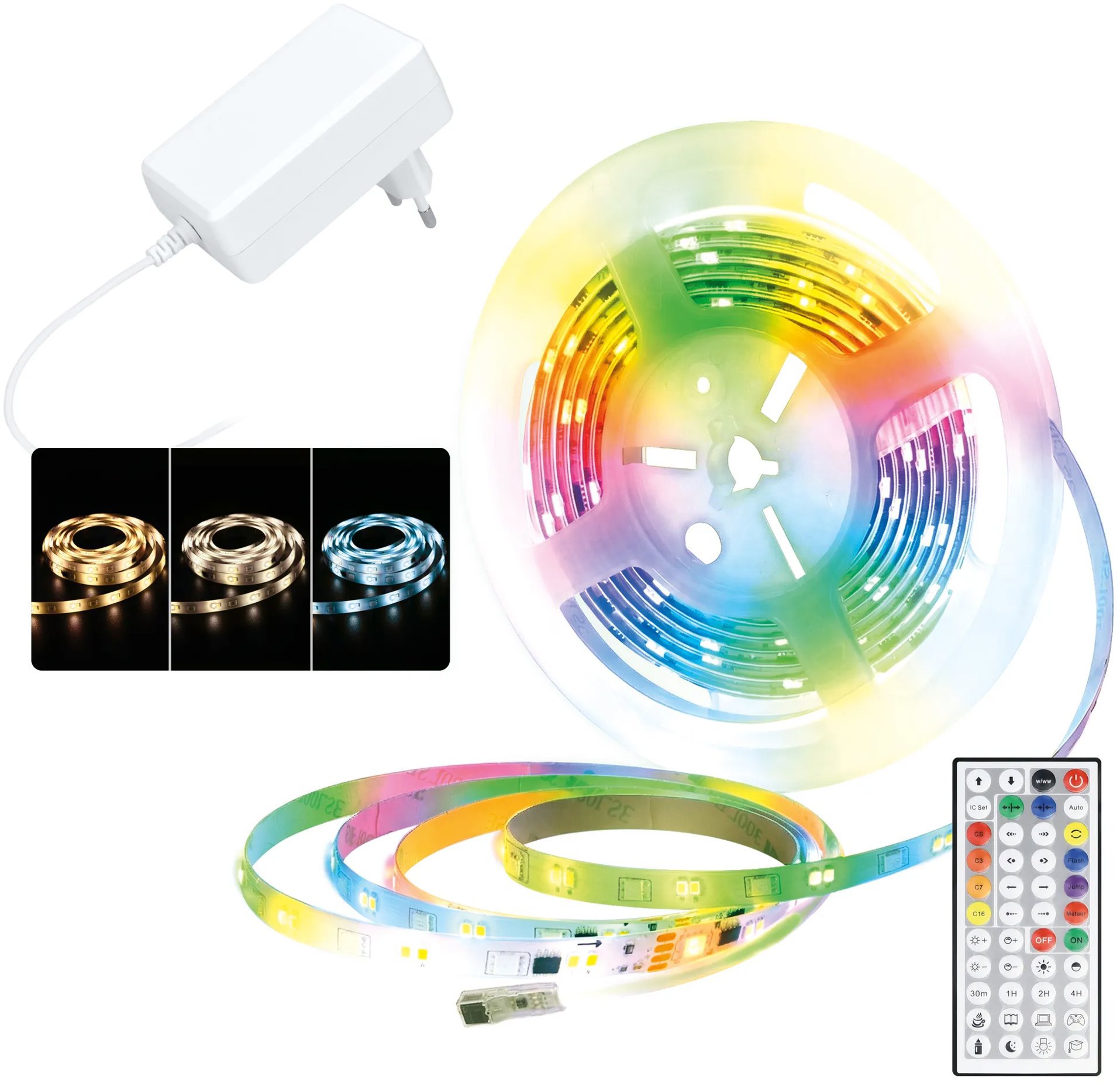 Solight LED světelný pás, RGB + 3CCT, 5 m, sada s 24 V adaptérem a dálk. ovladačem, 5 W/m, IP65